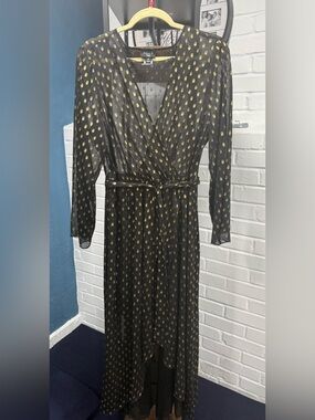 Anita Black Long Sleeve Wrap Dress with Gold Dot Print
